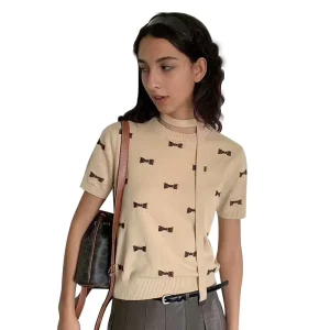 Women’s 100% Cotton Woven Breathable Anti Wrinkle T Shirt Cute Bow Pattern Short Sleeve O Neck Casual Summer Top Layering