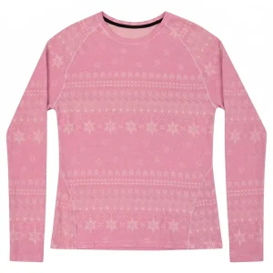 Women’s 100% Merino Wool Jacquard Knitted Base Layer Top Snowflake Pattern Winter Thermal Underwear Long Sleeve Sports Shirt Pink