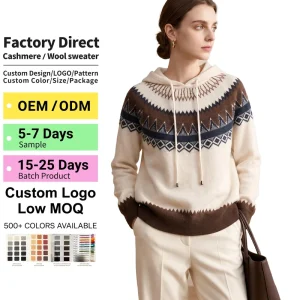 Women’s 100% Pure Cashmere Fair Isle Hooded Sweater 16.2μm Stoll Knit Traceable Luxury Winter Loungewear