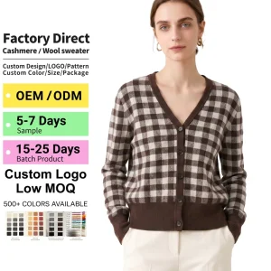 Women’s 100% Pure Cashmere V-Neck Cardigan Plaid 16.2μm Stoll Knit Traceable Classic Business Casual