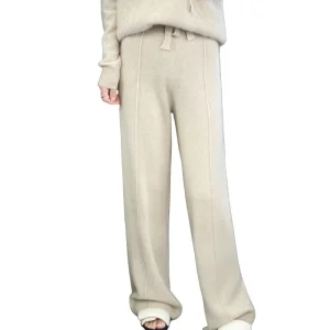 Women’s 100% Pure Wool Knit High Waist Draped Cashmere Trousers Brown Straight Leg Casual Floor-Length Solid
