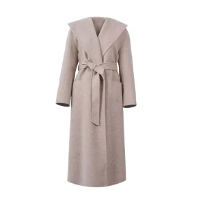 Women’s 100% Wool Long Hooded Coat with Shawl Collar and Belt