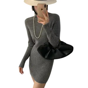 Women’s 100% Wool Ribbed Knit Anti static Mini Dress Turtleneck Long Sleeve Bodycon Sweater Dress Simple Wool Liner