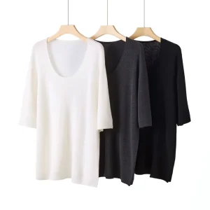 Women’s 100% Wool U-Neck Long Solid Casual Knit Pullover Loose Fit Three Quarter Sleeve Summer Base Layer Top