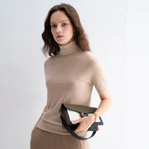 Women’s 16GG Light Weight Worsted Cashmere Turtle Rolled Neck Short Sleeves Layering Pullover Top Sweater Layering Women