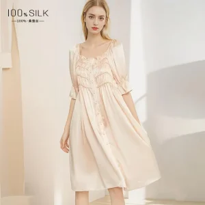 Women’s 19mm Heavyweight Silk Nightgown 100% Mulberry Silk Mid Length French Retro Court Style Dress Loungewear