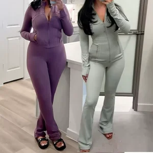 Women’s 2 Piece Active Stretch Four Way Stretch Spandex Nylon Fitness Sportswear Set Long Sleeve Zip Up Top High Waist Leggings
