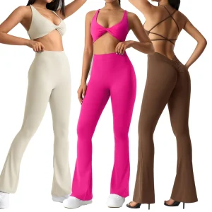 Women’s 2 Piece Activewear Set Soft Boot Cut Flared Pants Breathable Seamless Sports Bra Solid Color for Gym Fitness Workout