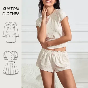 Women’s 2 Piece Casual Loungewear Sets 100% Cotton Terry Fabric Bow Collar Floral Pattern Summer Breathable Eco Friendly OEM