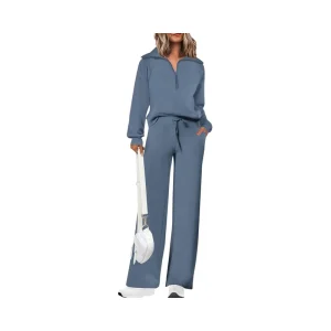 Women’s 2 Piece Casual Outfits Above Knee Knee Autumn Half Zip Sweatshirts Wide Leg Pants Lapel Tracksuit Sets