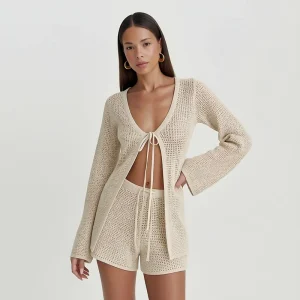 Women’s 2-Piece Hollow Out Vacation Beachwear Fashion Knitted Long Sleeve Shirt Top High Waist Loose Shorts