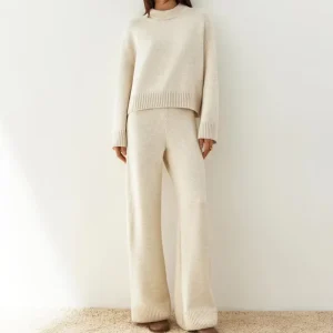 Women’s 2 Piece Knitted Loungewear Set O neck Sweater & Wide Leg Pants Casual Knitwear Outfit for Women