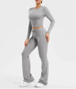 Women’s 2 Piece Loungewear Set Flared Leggings & Top Slim Fit Stretchy Outfit for Home Outdoor Adjustable Drawstring Waist
