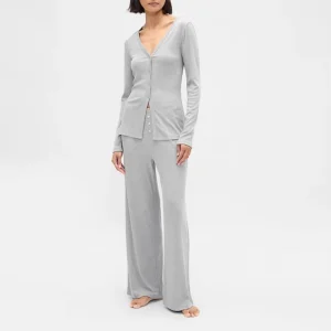 Women’s 2 Piece Loungewear Set Rib V Neck Long Sleeve Cardigan with Wide Leg Pants 100% Cotton Customizable Sleepwear pajama set custom
