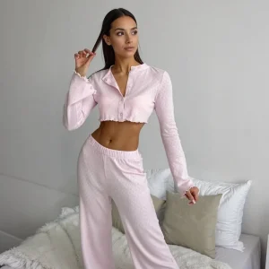 Women’s 2 Piece Pajama Set Ribbed Knitted Solid Ruffles Sleepwear Suit Casual Button Down Loungewear