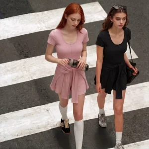 Women’s 2 Piece Short Sleeve Zip up Romper Sculpting Solid Color Athletic Jumpsuit Tie front Strap Invisible Zipper Bodycon