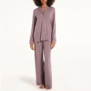 Women’s 2 Piece Solid Color Sleepwear Set V Neck Satin Trim Full Length Button Pajamas for Winter for Comfort and Style pajama set custom for women custom