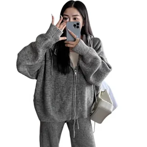 Women’s 2 Piece Woven Lounge Set Oversized Long Sleeve Sweater Top Wide Leg Pants Regular Fit Minimalist Breathable Acrylic