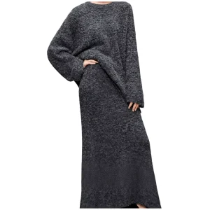 Women’s 2 Piece Woven Sweater Skirt Wool Blend Set Casual Regular Pullover Stand Collar High Waist Full Length Solid Breathable