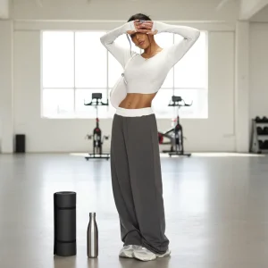 Women’s 2 Piece Yoga Set Cropped Long Sleeve Top & Wide Leg Pants Casual Waist Cut Activewear for Gym & Daily