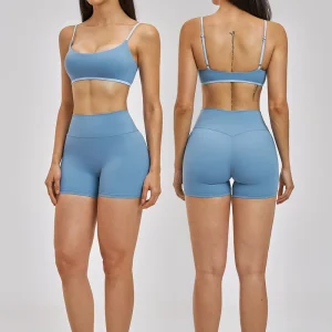 Women’s 2 Piece Yoga Set Thin Strap Sports Bra & High Waist Biker Shorts Popular Workout Gym Activewear