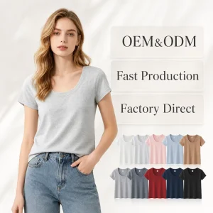 Women’s 230G Slim Fit U Neck T-shirts High Quality Casual Short Sleeve Cotton Spandex Summer Tops Women Tees