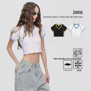 Women’s 260 GSM Heavyweight Cropped V-Neck T Shirt Color Block Slim Fit Streetwear Crop Top