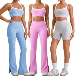 Women’s 3 Piece Gym Fitness Set Soft Nude Knit Backless Sports Bra Shorts Leggings Tracksuit Set