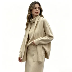 Women’s 3 Piece Knit Set Soft Cashmere Feel Wool Blend Sweater Cardigan + Top + Midi Skirt Casual Fall Winter Outfit for Ladies