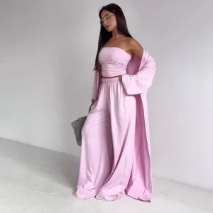 Women’s 3 Piece Loungewear Set Tube Top Wide Leg Pants and Long Sleeve Open Front Cardigan Casual Outfit Suit
