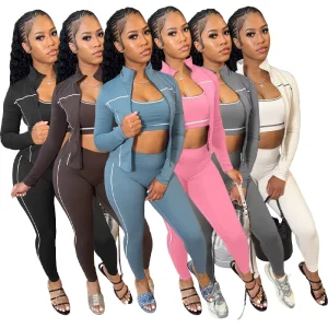 Women’s 3 Piece Sportswear Set Zipper Jacket Bra Leggings Workout Clothing for Women Short Tops