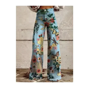 Women’s 3D Printed Wide Leg Baggy Casual Graphic Pants Flared Pants Loose Fit Trousers