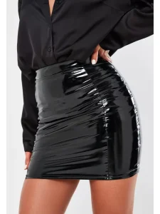 Women’s 3XL/4XL/5XL/6XL Plus Size Elegant Shiny Leather High-Waisted Bodycon PU PVC Mini Pencil Skirt for Office