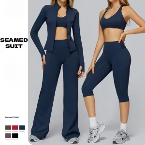 Women’s 4 Piece Activewear Set With Zip Jacket Sports Bra High Waisted Wide Leg Pants and Capri Leggings Slim Fit Gym Outfit
