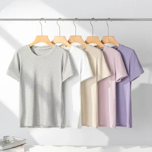 Women’s 45%Tencel45%Cotton10%Spandex Relaxed Fit Round Neck Short Sleeve Solid Color Summer T Shirt