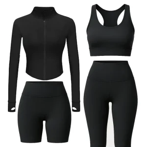 Women’s 4pcs Sportswear Yoga Set Solid Pattern Activewear Gym Fitness Bra Leggings Shorts Jacket Ropa Deportiva Mujer
