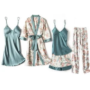 Women’s 5 Pieces Luxury Silk Pajamas Sets Satin Lingerie Homewear Sleepwear Pyjamas Set Pijamas for Woman