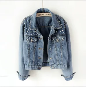 Women’s 5XL Plus Size Long Sleeve Pearl Studded Denim Jacket