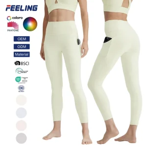Women’s 7/8 Length Yoga Tights Chafe Resistant Fabric Moisture Wicking With External Pockets For Fitness OEM ODM