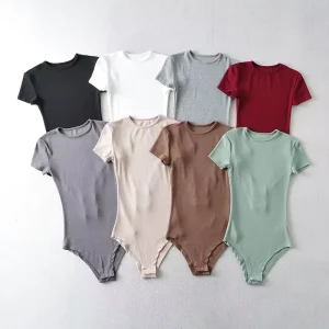 Women’s 8 Color Cotton Onesie Bodysuit Round Neck Short Sleeve Pit Strip Formal Skinny Fit Summer Version Clean Small Size