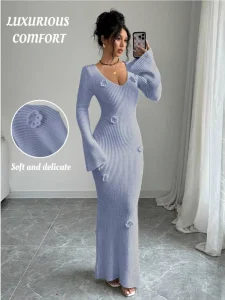 Women’s A Line Belt Solid Color Casual Dress Spring Autumn Slim Skirt V Neck Tassels Maxi Length Knitted Weaving Natural