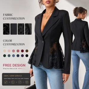 Women’s A-Line Blazer Spring New Contrast Color Lace Waist Slim Fit Single Button Closure Solid Pattern Nonwoven Weaving Method