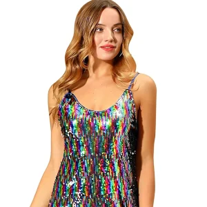 Women’s A Line Glitter Sequin Dress Spaghetti Strap V Neck Party Cocktail Sparkly Mini Anti Wrinkle Clubwear 100% Polyester