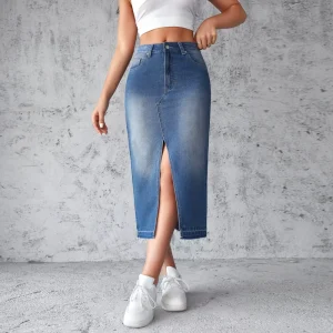 Women’s A-line Denim Skirt Vintage Side Slit Casual Blue Washed All-Season Midi Skirt