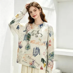 Women’s Abstract Hand Drawn Pattern Knit Sweater Casual Crewneck Oversized Long Sleeve Skin Friendly Daily Match Pullover