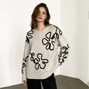 Women’s Abstract Line Art Floral Print Knit Sweater Casual Crewneck Oversized Long Sleeve OEM Custom Daily Wear Pullover