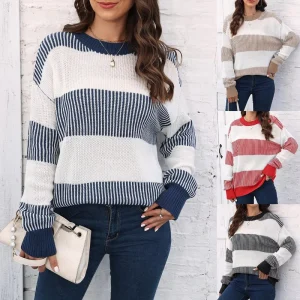 Women’s Acrylic Full Sleeve Round Neck Pullover Sweater Top Winter Casual Loose Fit Color Block Striped Knitwear