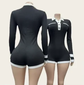 Women’s Active Romper Autumn Turn down Collar Button Patchwork Long Sleeve One Piece Romper for Ladies