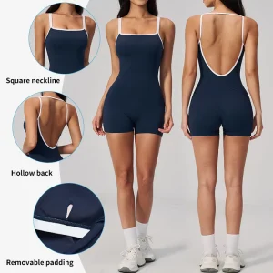 Women’s Active Stretch Breathable Quick Dry Sweat Wicking Square Neck Romper Hollow Back Removable Padded One Piece Shorts