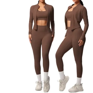 Women’s Active Wear Gym Yoga Run Workout Sportswear Fitness 3PCS Clothing Set Long Sleeve Tops Zipper Jacket High Solid Front